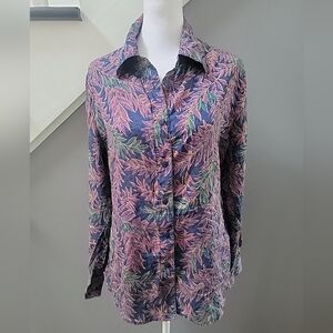 Vintage Anna and Frank Silk Leaf Print Long Sleeve Button Front Shirt Med